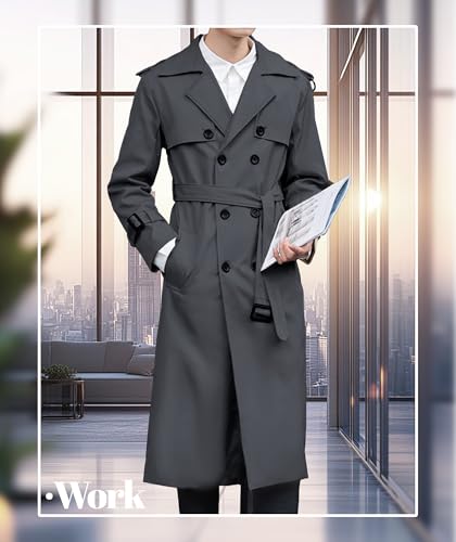 Pantete Men's Double Breasted Trench Coat Oversized Casual Windbreaker Lapel Long Jacket Overcoat - color: Dark Grey, size: Small
