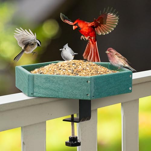 Kingsyard Clamp-On Deck Bird Feeder for Balcony Railings, No Drill | Recycled Poly Lumber, Weather Resistant, Mesh Tray for Airflow & Drainage, Fits Railings up to 2.2 in - color: Green
