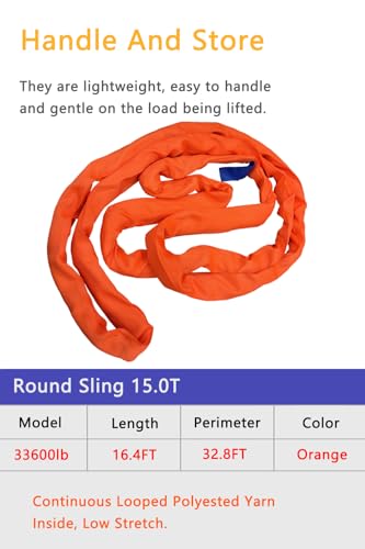 Round Sling 33600lb 16.4FT Rigging Sling Polyester Endless Lift Sling for Hoist Heavy Duty Objects Heavy Duty Poly Lifting Sling【15T-5M】 - size: 33069lb-13ft