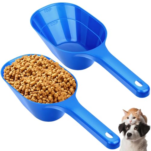 2 Pack Dog Food Scoop, 1 Cup Pet Food Scoop With Measuring Lines (Blue) | Clear Markings for Precise Measuring 1/2 and 1 Cup Lines,Dishwasher Safe,Plastic,Portable and Sturdy - color: blue