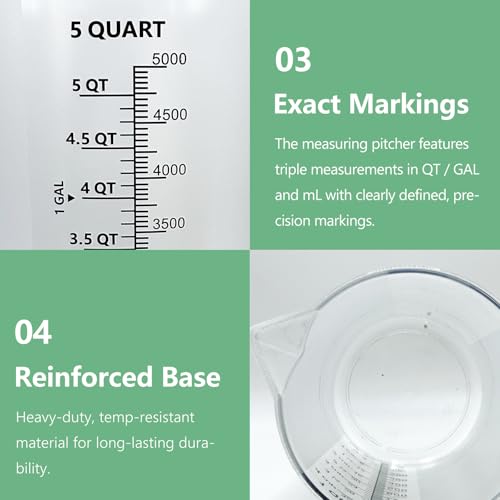 1 Gallon / 5 Quart / 5000 ml Large Plastic Measuring Pitcher with Handle, Clear Heavy Duty Mixing Pitcher with mL/QT/GAL Markings for Garden, Pool Chemicals, Motor Oil & Kitchen - size: 160 fl oz