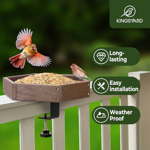 Kingsyard Clamp-On Deck Bird Feeder for Balcony Railings, No Drill | Recycled Poly Lumber, Weather Resistant, Mesh Tray for Airflow & Drainage, Fits Railings up to 2.2 in - color: Brown