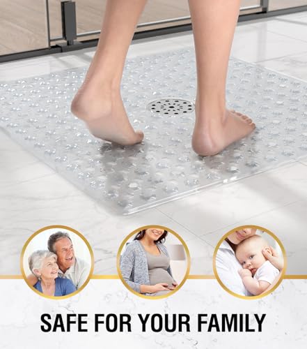 HITSLAM Non Slip Shower Mat, Square Bathtub Mat, 24x24 Inch, Clear | Diamond Textured PVC Bath Mat With Suction Cups, Shower Stall Mat with Center Drain Hole, Strong Grip, Machine Washable - color: Clear