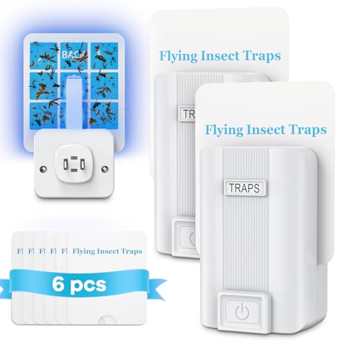Indoor Fly Trap, Plug-in Fruit Fly Trap with 2 Devices and 6 Sticky Refills | Gnat Trap for Fruit Flies, Gnats, Flies, Moths, and Other Flying Insects—Ideal for Kitchen, Bedroom, and Living Room
