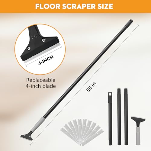 Luvenia Heavy Duty 4-Inch Razor Blade Floor Scraper, 50-Inch Long Handle | 10PCS Extra Metal Blades, Razor Scraper for Cleaning Glass, Windows, Showers, Tile, Ceilings - size: 50in