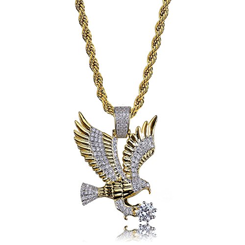 TOPGRILLZ Goat Chain Gold Necklace for Men Eagle Chain Rope Iced out Cubic Zirconia 14K Gold Plated Stainless Steel Necklace 24" Birthday Gifts - style: Gold
