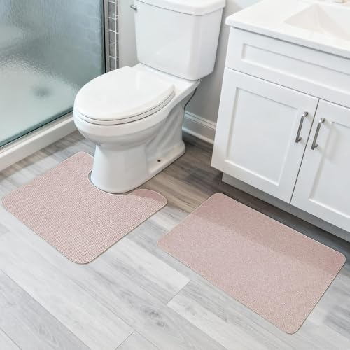 Bosap Bath Mat Set 2 Pieces,Ultra Thin Bathroom Rugs,Rubber Toilet Rugs | Non Slip,Quick Dry,Machine Washable,Low Pile,Absorbent,Shower,Sink,Bathroom Decor.(Beige,17"x27" Plus 20"x24"U Shaped) - color: Beige, size: 1'8"x2"u+1'5"x2'3"(set)