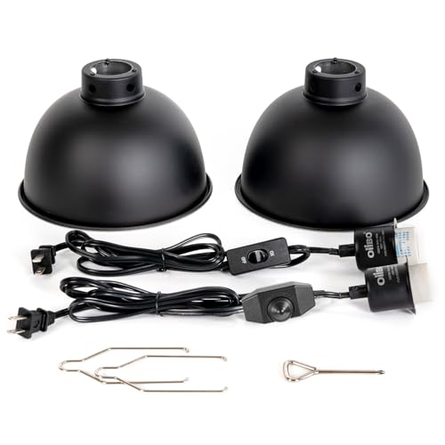 8.5 Inch Reptile Light Fixture with Dimming/Separate Switches, 2 Packs Deep Dome Lamp Cap Reflector Cover, UVB Light Heat Lamp Fixture for Reptile Glass Terrariums, Max 150W Black