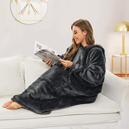 THREE POODLE Wearable Blanket Hoodie, Oversized Sherpa Sweatshirt Blanket for Adults Women Men, Warm Cozy Hooded Blanket, Gifts for Mom Girlfriend - color: Dark Gray, size: Adult-Extra Long