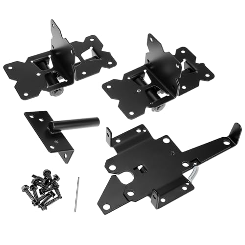 QWORK Heavy-Duty Self-Closing Gate Kit - 2 Sets, Hinges and Latch, Gate Hardware Kit, Includes 2 Latches, 4 Hinges