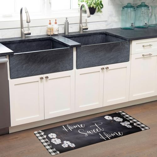 Home Dynamix Cozy Living Home Sweet Home Buffalo Check Border Runner Anti-Fatigue Kitchen Mat, Non-Slip Floor Mat, Padded Standing Desk Mat, Black/White, 17.5"x55" - color: Black/White, size: 18"L x 18"W x 0.5"Th