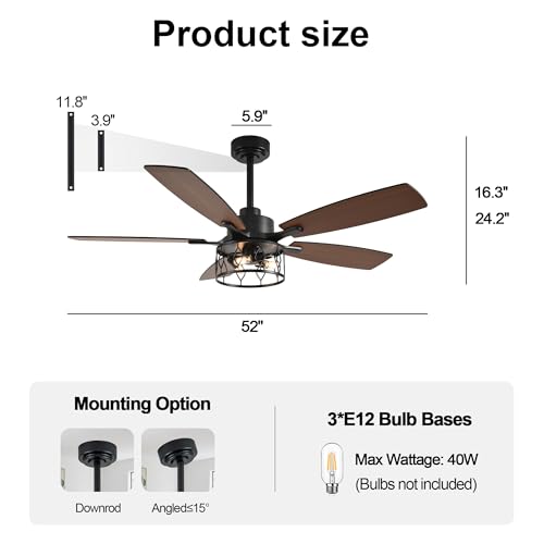 52" Farmhouse Ceiling Fan with Lights Remote Rustic Ceiling Fan | Caged Black Fandelier Industrial Chandelier Light for Bedroom Living Room, Reversible 6 Speeds, 3 E12 Bulbs (Not Included) - color: Black, size: 52 Inch