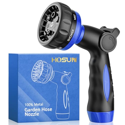 HOSUN Heavy Duty Garden Hose Nozzle, Adjustable Metal Water Sprayer, Blue | 7 Spray Patterns, Thumb Control, Ergonomic handle, High Pressure, Lawn Watering, Car Wash, Pet Cleaning