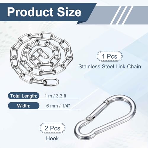 304 Stainless Steel Link Chain with 2 Hook (1/4" x 3.3 ft / 1 m x 6 Mm) - Utility Hanging Coil Chain Link Locking Pulling for Outdoor Fence Pet Dog - size: 1/4" x 3.3 ft(1 m x 6 Mm)