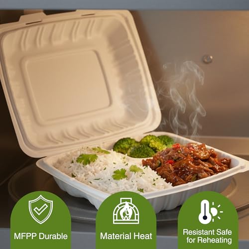 Front Lock MFPP Hinged Food Containers, Disposable Takeout Boxes | 150 Pack, 3 Compartments White, 9" x 9", Durable Microwaveable Food Service - color: White