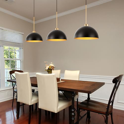 3-Light Black and Gold Dome Pendant Light Fixtures | Farmhouse & Industrial Style, E26 Base, Height Adjustable, Easy Installation, for Dining Room Bar Kitchen Island - color: Black-3 Lights