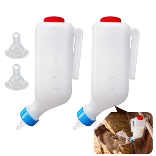 2pcs 1000ml Lamb Feeding Bottle Thickened Goat Milk Feeders with Hanging Handle and Silicone Pacifier Hang Upside Down Livestock Milk Bottles for Goat Lamb Fawns Nigerian Kitten Puppy