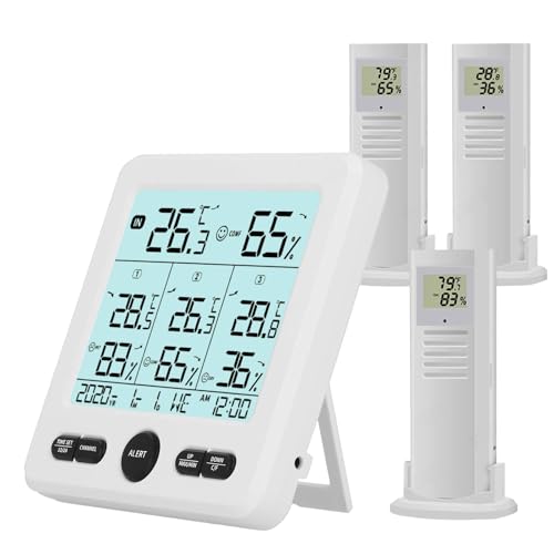 Timloon Indoor Outdoor Digital Thermometer Hygrometer with 3 Wireless Sensors, 4.7 Inch Display Temperature Humidity Monitor with 330FT Range Remote Sensor, Backlight, Time for Home, Office, School