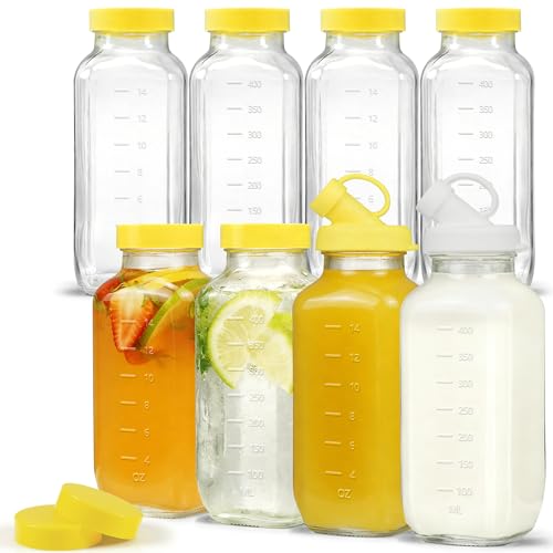 Reusable Glass Juice Bottles with Airtight Lid, 16 oz Glass Pitchers with Pour Dispenser, 500ml Milk Storage Containers for Fridge, Water Bottles for Travel - size: 8 pack