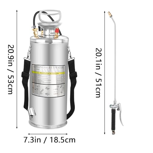 2 Gallon Stainless Steel Pump Sprayer - Hand Pump Sprayer with Pressure Gauge, Safety Valve&Adjustable Nozzle and Flat Nozzle, Garden Weed Sprayer with 20’’ Wand & 3FT Hose, Non-Corrosive Viton Seals