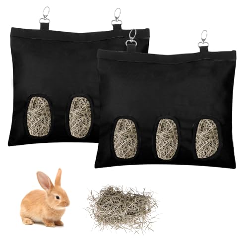 2PCS Rabbit Hay Feeder,3 Hole Hay Bag for Rabbits, Washable Hanging Small Animal Feeder for Guinea Pig Bunny Chinchillas Hamsters and Other Pets - color: Black