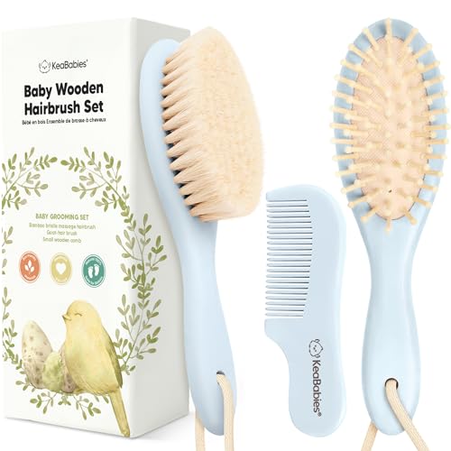 Wooden Baby Hair Brush Set for Newborns, Toddler Comb (Frost, Regular) | Soft Goat Bristle, Baby Brush and Comb Set, Infant Grooming Kit, Cradle Cap Care, Durable & Gentle, Boy, Girl Bath Essential - color: Frost, size: Oval, Regular 7"