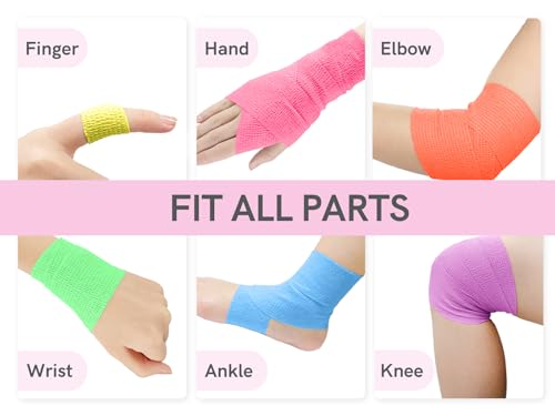 FriCARE Self Adhesive Bandage Wrap, Medical Tape in First Aid Kit | Elastic Cohesive Bandages for Sports/Vet/Wrist Ankle Wounds, 2 Inches X 5 Yards, Latex-free 6 Rolls, Fluorescent Color - color: Fluorescent Color