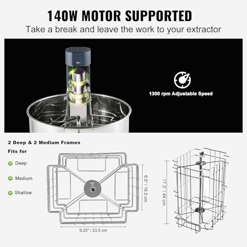 VEVOR Electric Honey Extractor, 2/4 Frame Stainless Steel Beekeeping Extraction, Honeycomb Drum Spinner with Transparent Lid, Apiary Centrifuge Equipment with Height Adjustable Stand | Stainless Steel Spinner with Clear Lid, Fits 2 Deep and 2 Medium Frame