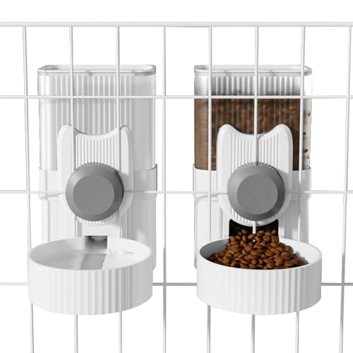 Hanging Cage Auto Pet Food Bowl Water Bottle Dispenser, 1L, Grey | Auto Gravity Pet Feeder and Waterer Set, Kennel Feeding Station, Crate Feeder Dish, For Rabbit Puppy Cats Ferret - color: Grey