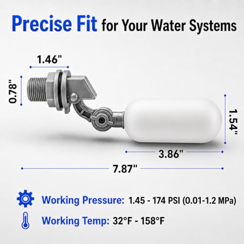 2 Pack 1/2 Inch Straight Thread Auto Fill Float Valve, Automatic Water Level Control Valve with 225° Adjustable Arm for Water Tank, Pond, Chicken Waterer, Livestock Trough