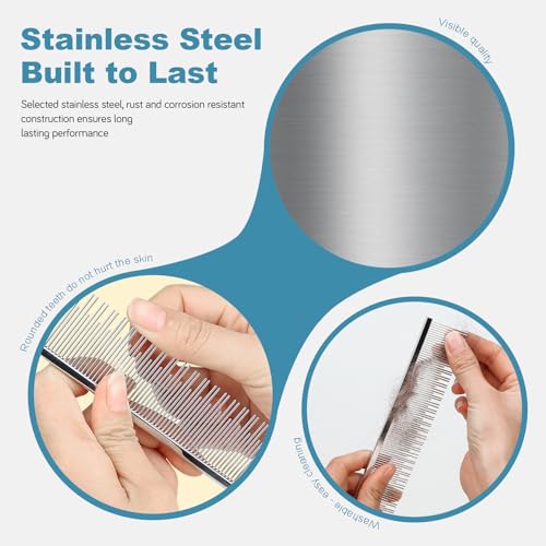 6 Inches Stainless Steel Pet Comb for Dogs & Cats, Metal Detangling Grooming Tool for Long & Short Haired Pets, Anti-Static Cat Comb with Rounded Teeth for Matted Fur Removal & Shedding Control - size: Medium
