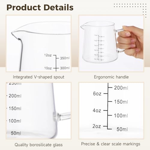 4-Pack 12oz Espresso Measuring Cups with 2 Cleaning Sponges, Heat-Resistant Glass Coffee Pitcher, Espresso Shot Glasses, Milk Frothing Pitcher, Creamer Container, Microwave/Dishwasher/Stovetop Safe