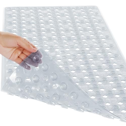 Yimobra Bathtub Mat Non Slip, 27.5"X15.5" Machine Washable Shower Floor Mat, Soft on Feet, Bath Mat with Drain Holes and Suction Cups, Bathroom Essentials, Clear - color: Clear, size: 27.5 X 15.5 Inch