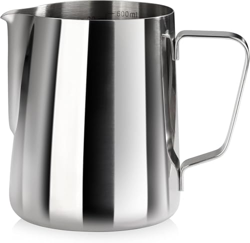 New Star Foodservice Stainless Steel Frothing Pitcher, 20 oz Espresso Milk Steaming Cup with Measurement Scale, Commercial Grade 18/8 Barista Pitcher for Lattes, Cappuccinos, Coffee, Silver - size: 20.3 Ounces