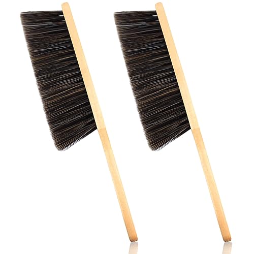 2 Pieces Dust Brush Hand Broom Wooden Bench Brushes with Soft Bristles Counter Brush with Long Wood Handle Household Cleaning Brush for Sofa Bed Fireplace Car - color: Brown