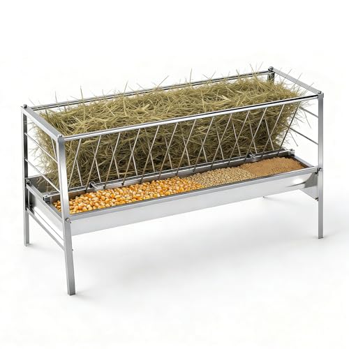 Stainless Steel Goat Sheep Feeder, 94-Gallon Grain|Water|Hay Feeder, 8.0'' Deeper|59" Long Feeding Pan, Livestock Hay Rack for Barn, Pasture, Cow Shed, Courtyard
