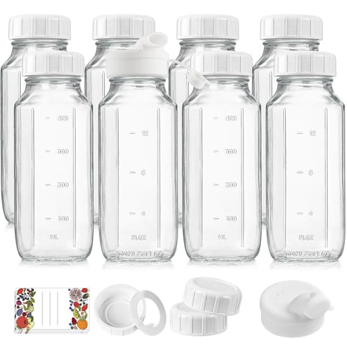 Syntic 8 Pack 16 Oz Glass Milk Bottles with Lids,2 Pour Spouts & Extra Lids | Reusable Glass Bottles with Measurement Marks for Juice,Breast Milk,Beverage Storage,Refrigerator Organization & Daily Use