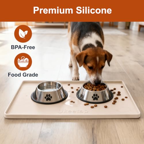 19" x 12" Extra Thick Silicone Mat Waterproof with Raised Edge, Beige | BPA-Free Non-Slip Dog & Cat Food Mat, Feeding Mat for Food and Water Bowls, Spill Proof Mat to Protect Floors - color: Beige, size: 19"L x 12"W