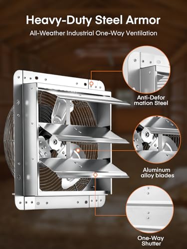 FOHERE 12 Inch Shutter Exhaust Fan Wall Mounted, High Speed 1450CFM, Aluminum with 1.65M Power Cord & Quiet Air Circulation, Vent Fan for Greenhouse, Attic, Shed, Garage, Shop, Commercial Use - size: 12 Inch