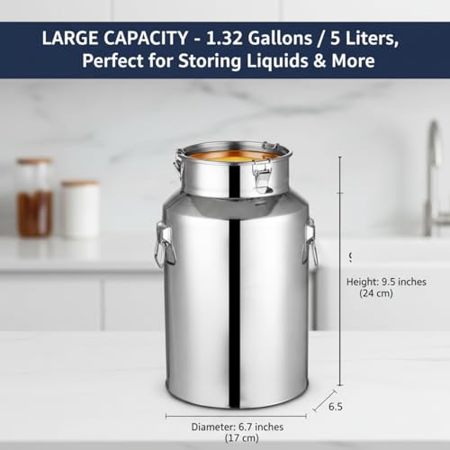 Stainless Steel Milk Can, 5L Milk Bucket with Sealed Lid Milk Jug Large Capacity Stainless Steel Bucket Metal Pail with Lid,Ice Buckets Tote Jug for Milk, Wine, Water, Gray