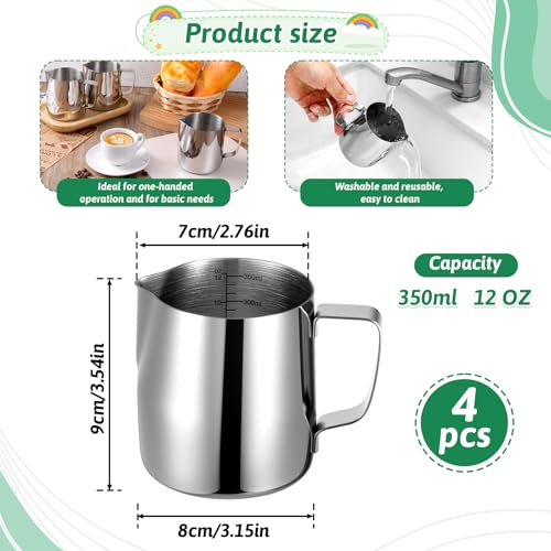 4 Pcs Milk Frothing Pitchers, 12 Oz 304 Stainless Steel Espresso Steaming Pitchers with Measuring Markers, Heat Resistant Rustproof Barista Pitcher Tools for Home, Coffee Shops (Silver)