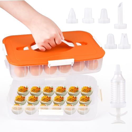 2-Layer Deviled Egg Containers with Lid,36 Slots Deviled Egg Tray Carrier | with Handle and Deviled Egg Injector Piping Tool,Portable Egg Storage Carrier Tray Platter for Party Picnic Travel (orange) - color: orange