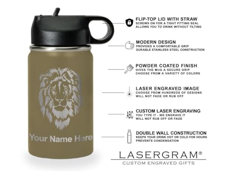 LaserGram Personalized 12oz Water Bottle, Horse (Camo Green) | Engraved Gift, Vacuum Insulated Stainless Steel, Flip-Top Straw Lid, Laser Engraved With Your Name - color: Camo Green, size: 12 Ounces