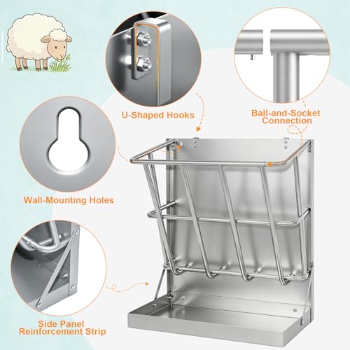 2 in 1 Wall Mount Hay and Grain Feeder, 25 Gallons Livestock Feeder | Galvanized Steel Wall Hay Rack, Hanging Hay Feeder with Mounting Kit for Goats Sheep Horse, Slow Feeder for Goats with Trough - color: Silver