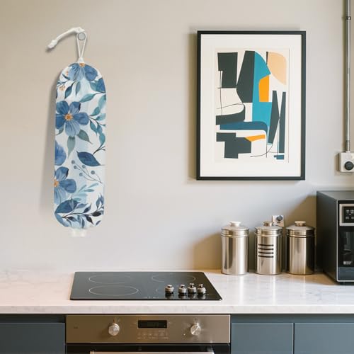 Watercolor Blue Flower Plastic Bag Holder, Wall Mount Grocery Bag Holder | Cottage Core Rustic Leaves Plastic Bag Holder, Reusable Grocery Bag Storage Dispenser, Farmhouse Kitchen Home Decor - color: flowers