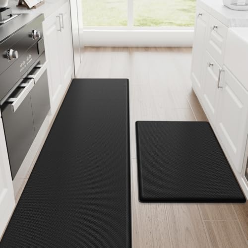 StepRite Kitchen Mats for Floor, 2-Piece Anti-Fatigue Kitchen Rugs, Black | 20" x 32" + 20" x 71", 0.47-inch cushioning, water-resistant, easy to clean, non-slip bottom, kitchen floor, standing desk - color: Black, size: 20" x 32"+20" x 71"-0.47 inch