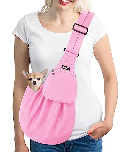 SlowTon Dog Carrier Sling - Thick Padded Shoulder Strap Adjustable, PI, S | Dog Carriers for Small Dogs, Puppy Carrier Purse for Pet Cat with Front Zipper Pocket Safety Belt Machine Washable - color: G-Pink Knitted Fabric