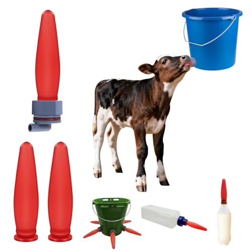 KTXM-Calf Bottle Nipple 3 Pack, FDA-Compliant Silicone Livestock Feeding Teats with Bucket Adapter, Red Replacement Nipples for Calves, Cattle and Foals