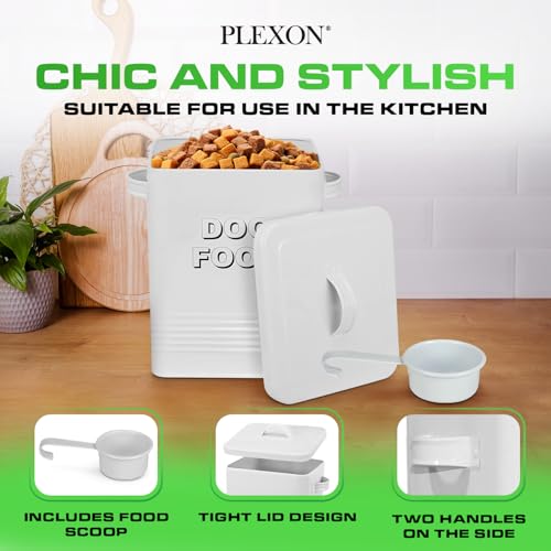 Plexon Metal Dog Food Storage Container with Scoop - Small Dog Food Container Holder Treat Jar Bin with Lid - Pet Chow Storage Canister Tin,1.5 Gallon, 7 lbs, White - color: White, 1.5 Gall Capacity