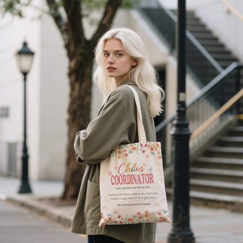 Aesthetic Canvas Tote Bag for Women - with Magnetic Snap Closure & Zipper Inner Pocket Reusable Totes Bag - color: Chaos Coordinator
